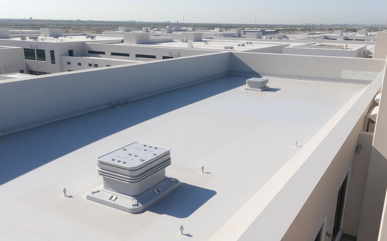 Aliphatic polyurea topcoat on a flat commercial rooftop in the UAE