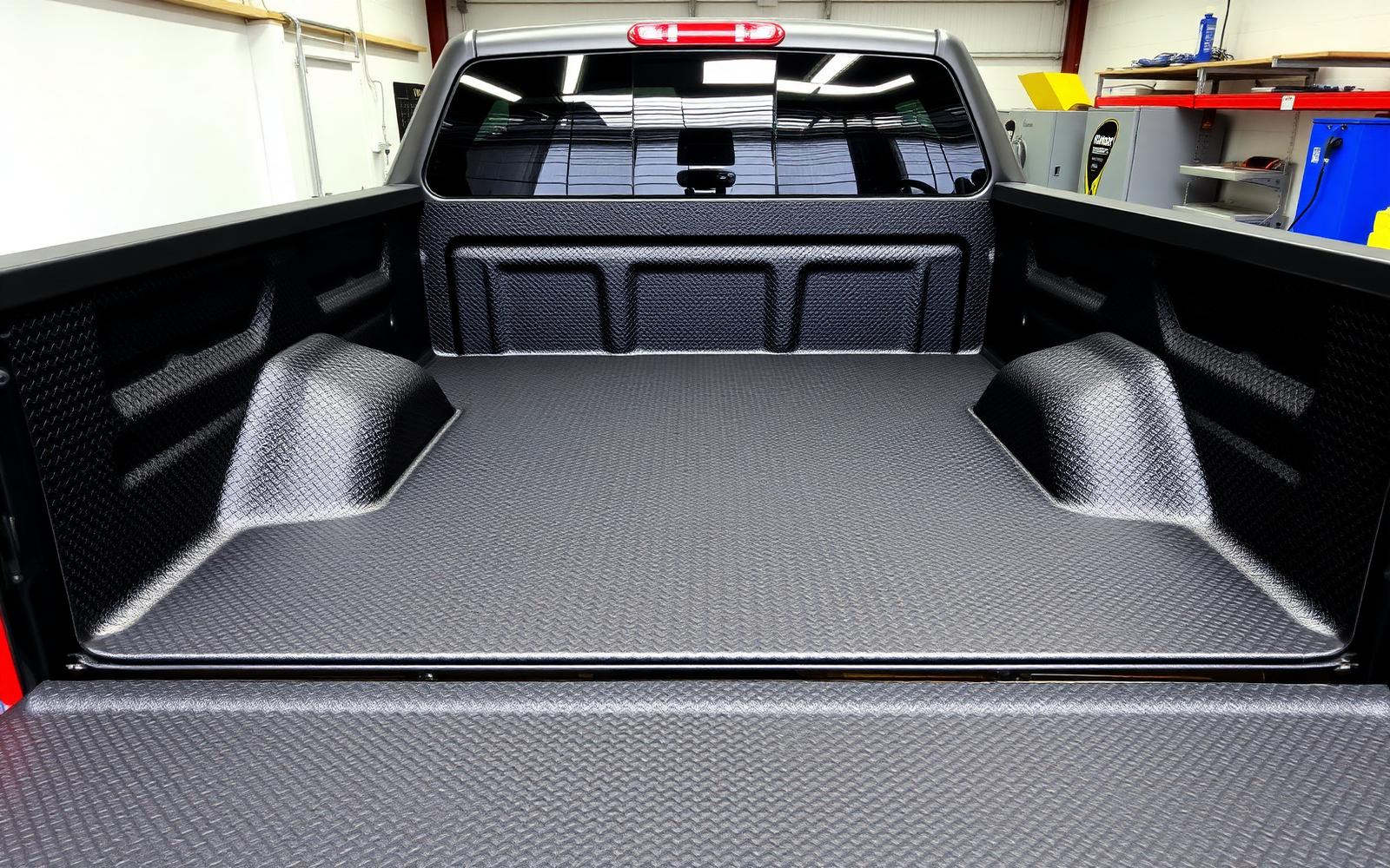 Industrial truck bed coated with thick textured polyurea bed liner