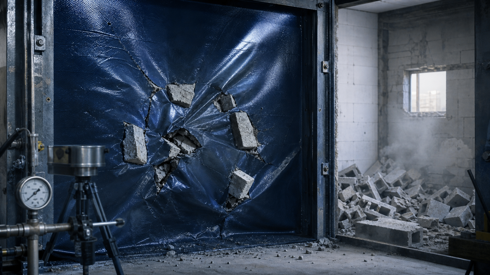 Post-blast view of a polyurea-coated wall showing deformed membrane retaining shattered CMU