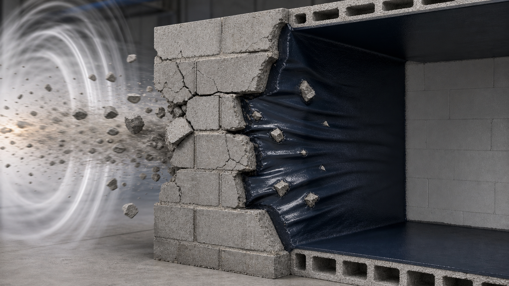 Cross-section of a CMU wall coated with pure polyurea catching concrete fragments after a blast