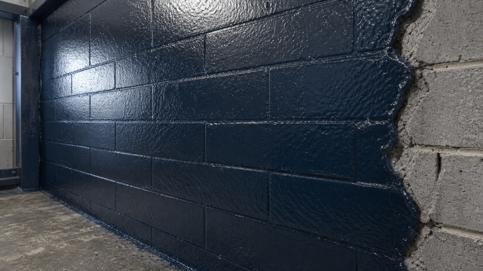 CMU wall finished with a seamless dark polyurea membrane