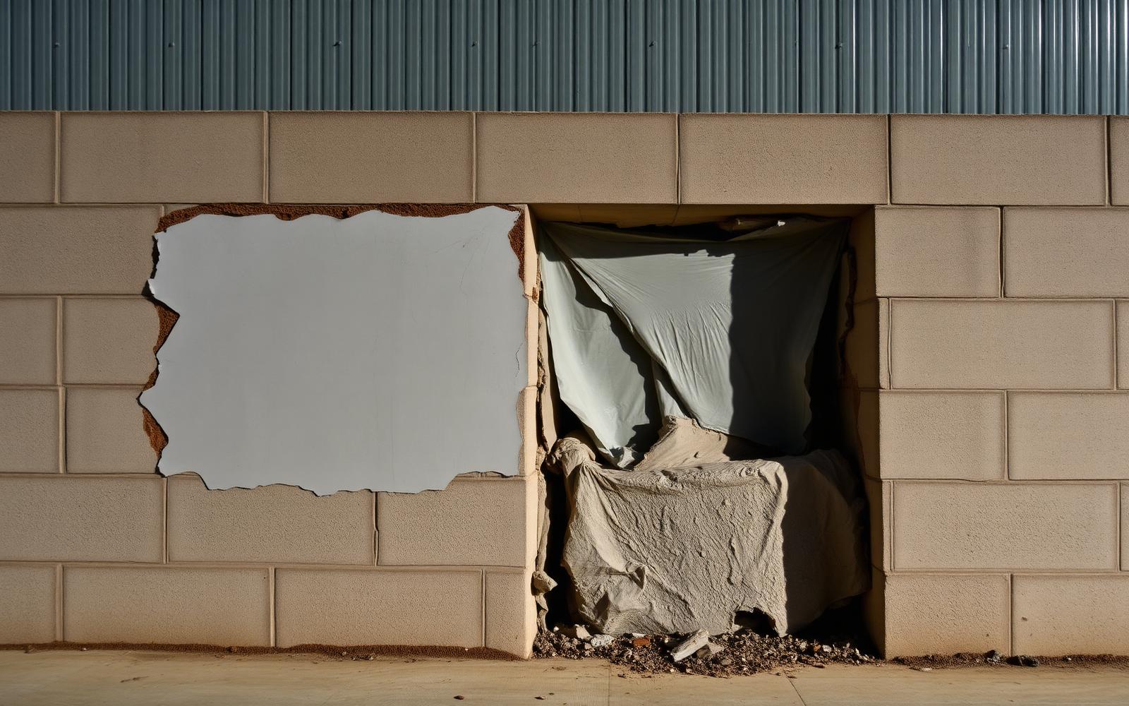 Polyurea coated CMU wall after blast test showing intact membrane