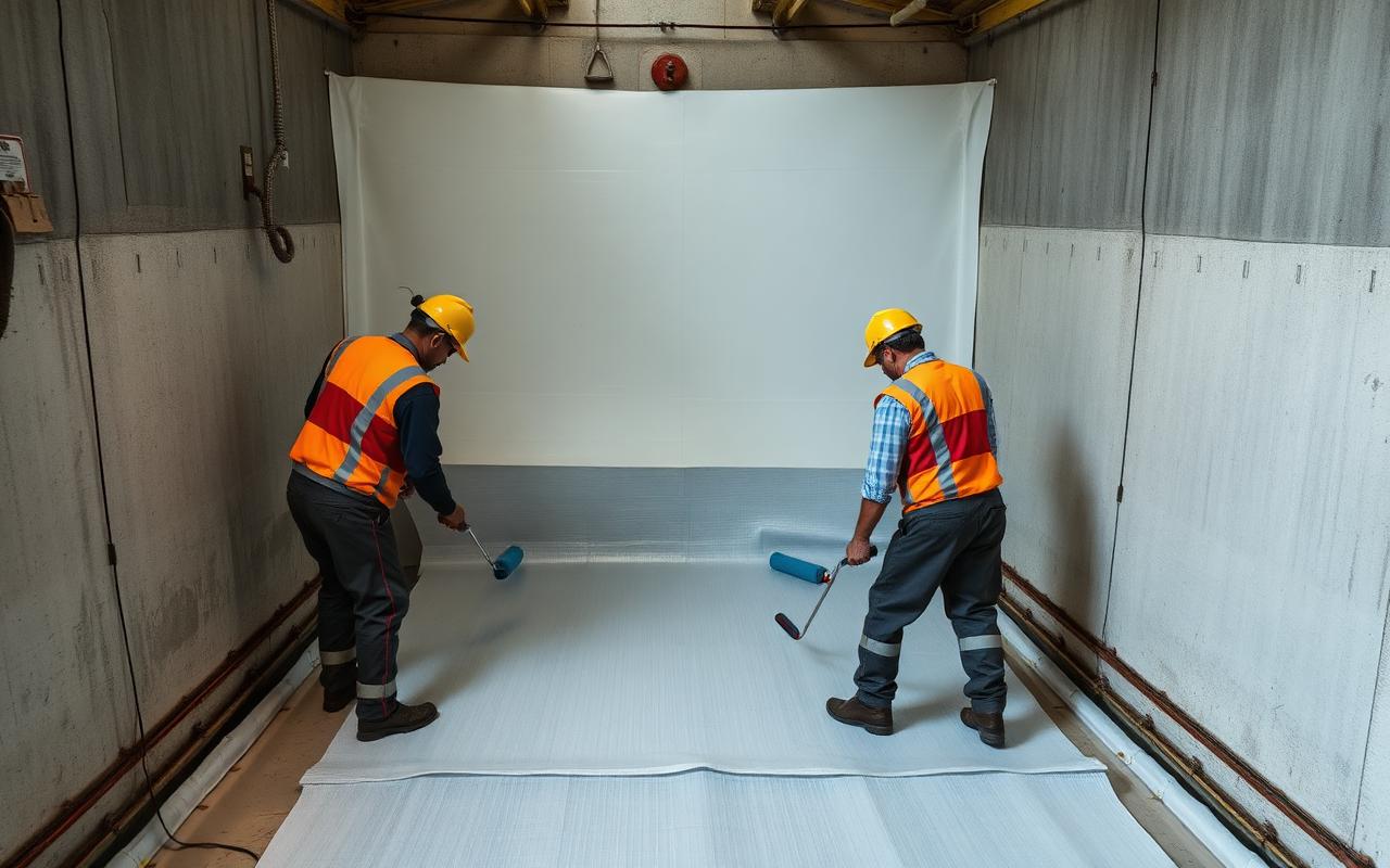 Two workers laying GRP mat and resin inside a concrete tank