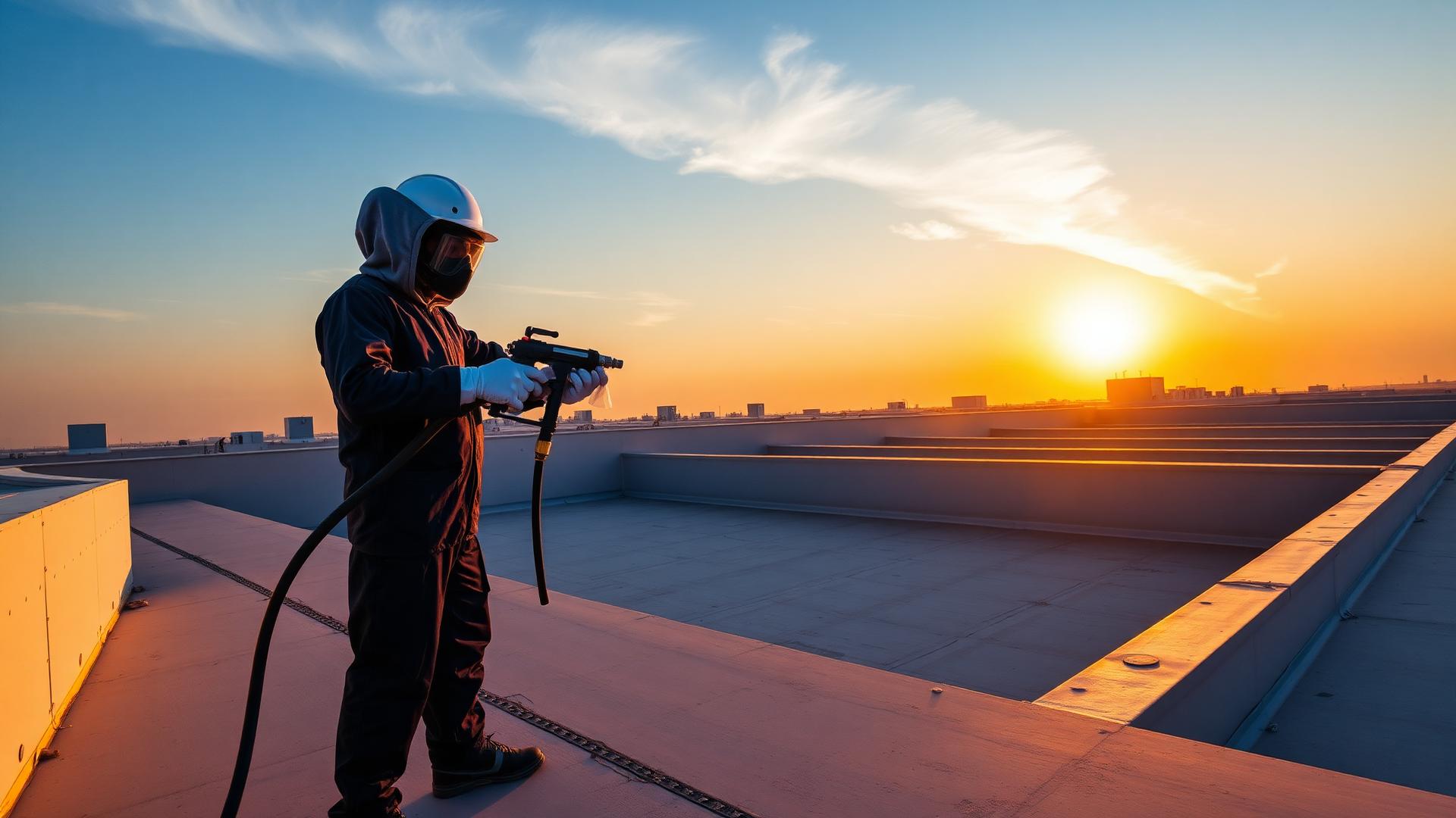 Technician hot-spraying polyurea waterproofing on a UAE rooftop at golden hour