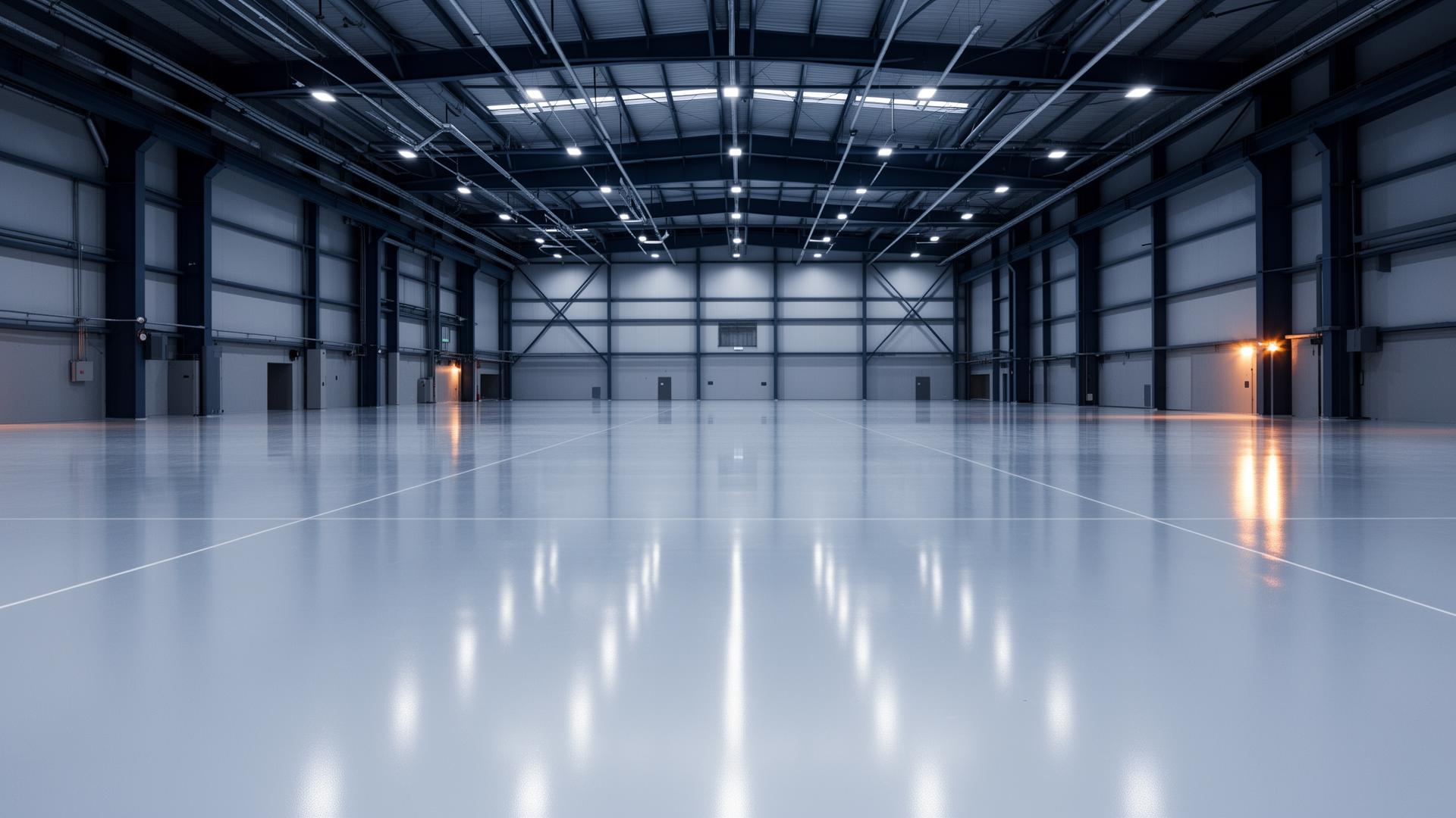 Industrial epoxy resin flooring in a warehouse