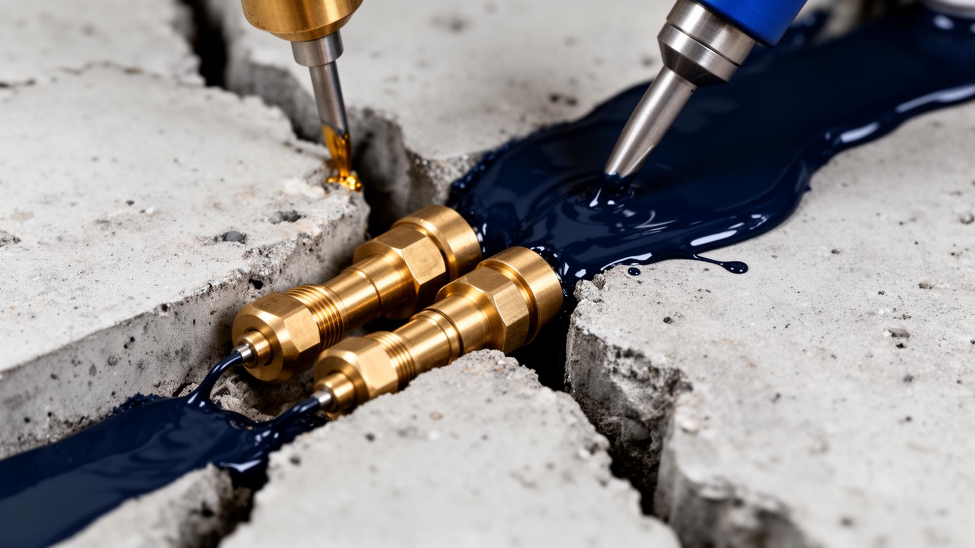 Polyurethane injection ports installed in a concrete crack