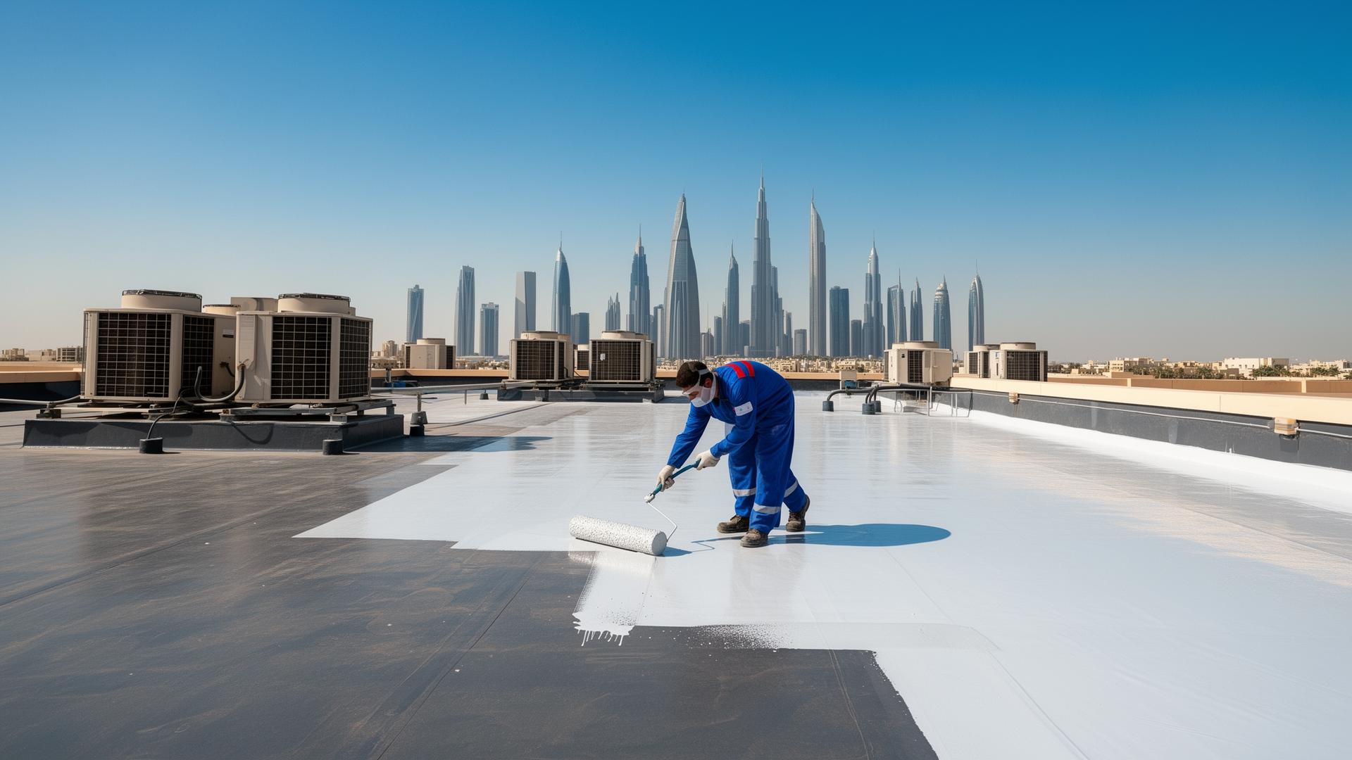 Roof waterproofing rehabilitation work on a UAE building