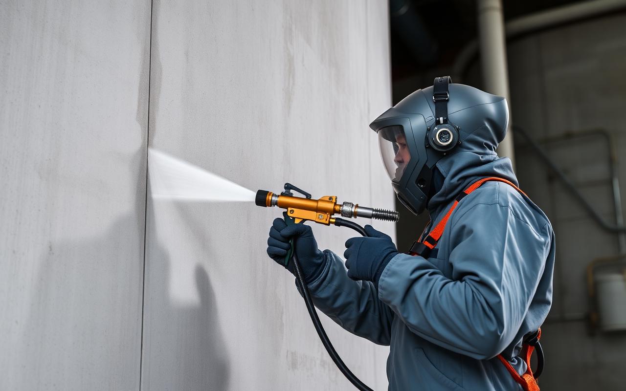 Technician hot-spraying polyurea on a concrete tank wall