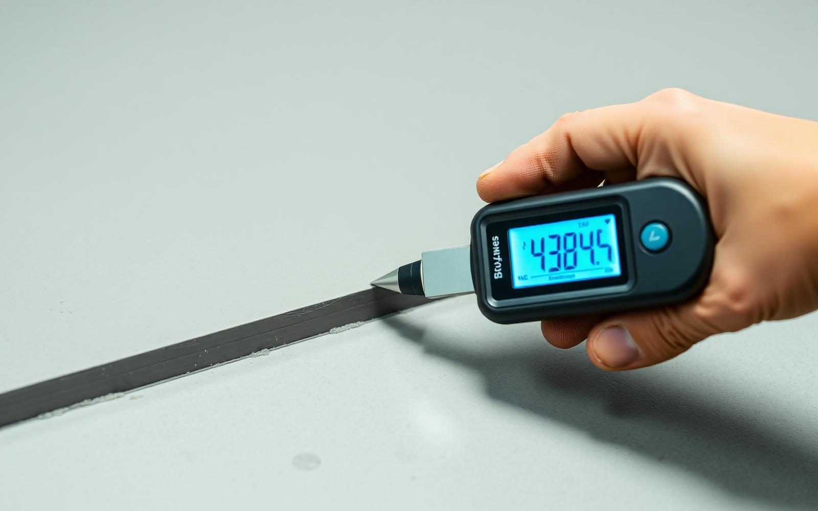 Technician measuring dry film thickness of polyurea coating